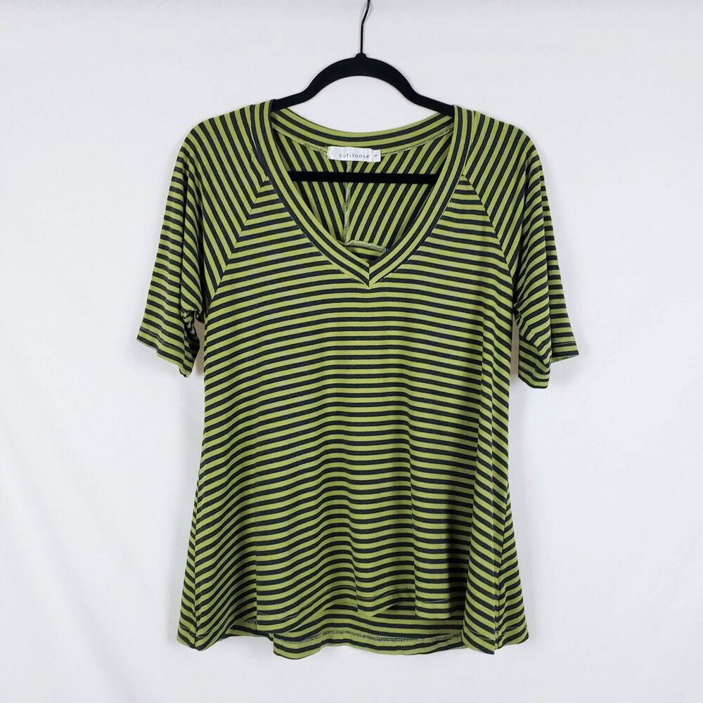 Cut Loose Relaxed Fit Stretch Jersey Top Womens S Flowy Green Striped Raglan